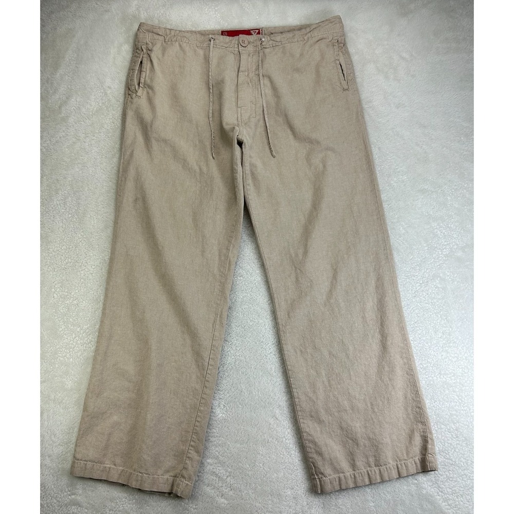 Vintage Guess Jeans Linen Pants‎ Mens 38 Beige Drawstring Flat Front Grunge